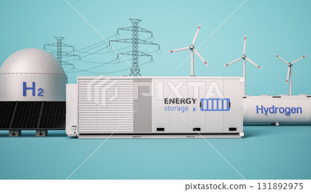 Alternative energy concept with group of energy storage systems or battery container units with various sources of energy Alternative energy concept with group of energy storage systems or battery container units with various sources of energy 131892975
