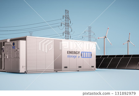 Alternative energy concept with group of energy storage systems or battery container units with various sources of energy 131892979