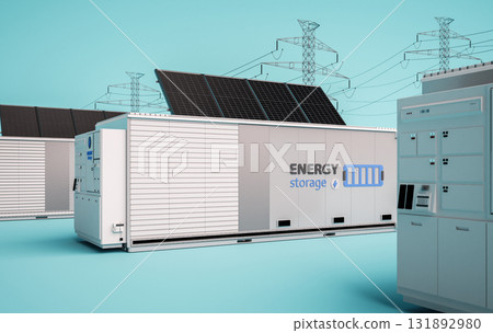 Alternative energy concept with group of energy storage systems or battery container units with various sources of energy 131892980