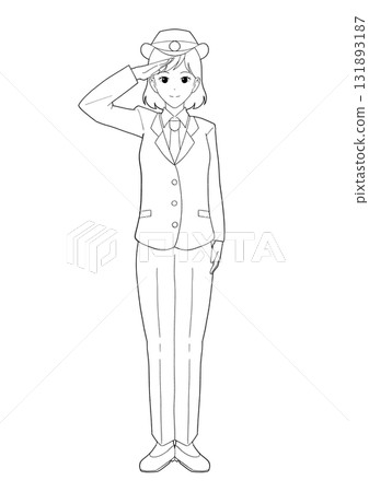 Black and white illustration of a female station attendant wearing a long-sleeved uniform 131893187
