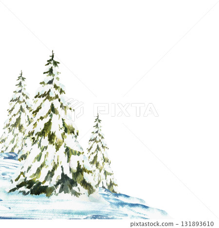 Winter Landscape with snow covered green spruces firs square frame . Watercolor Snowy Hills, snowdrifts and frosty evergreen forest. Hand drawn watercolor illustration isolated from background card.  131893610