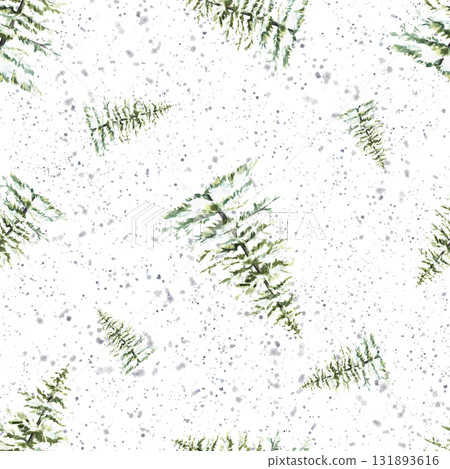 Watercolor Winter Christmas fir snow covered and snowfall seamless pattern. Hand drawn illustration isolated from background for holiday snowy spruces fabric, Xmas trees wallpaper, packaging. Watercolor Winter Christmas fir snow covered and snowfall seamless pattern. Hand drawn illustration isolated from background for holiday snowy spruces fabric, Xmas trees wallpaper, packaging. 131893616