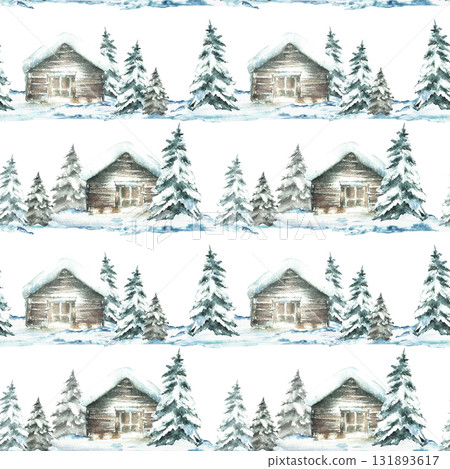 Watercolor Winter landscape snow covered cabin with snowy spruce tree seamless pattern. Striped horizontal cozy Christmas hand drawn illustration isolated white background for holiday fabric, wrapping Watercolor Winter landscape snow covered cabin with snowy spruce tree seamless pattern. Striped horizontal cozy Christmas hand drawn illustration isolated white background for holiday fabric, wrapping 131893617
