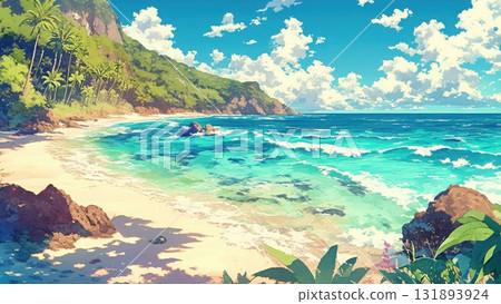 Lush tropical coastal landscape illustration with blue sea and white sandy beach background 131893924