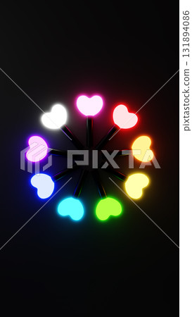 Colorful heart-shaped penlights on a black background. Bird's-eye view. 3D (portrait) 131894086