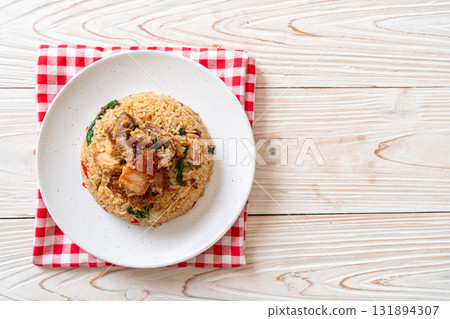 fried rice with Thai basil and crispy belly pork fried rice with Thai basil and crispy belly pork 131894307