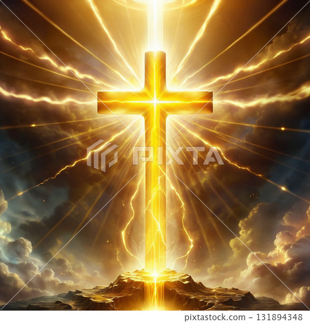 Golden cross radiating divine light and energy against a dramatic sky with clouds and lightning flashes 131894348