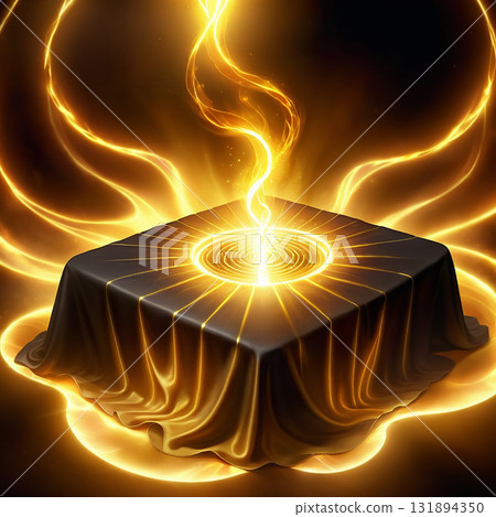 Mysterious black cube emits bright golden energy and swirling light effects against a dark background 131894350