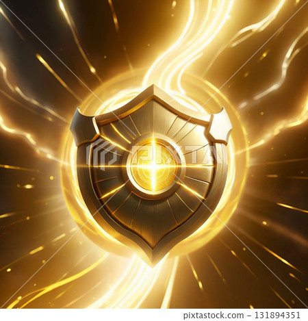 Golden shield with glowing energy radiating outwards symbolizing protection, security, and power against a dark, dynamic background 131894351