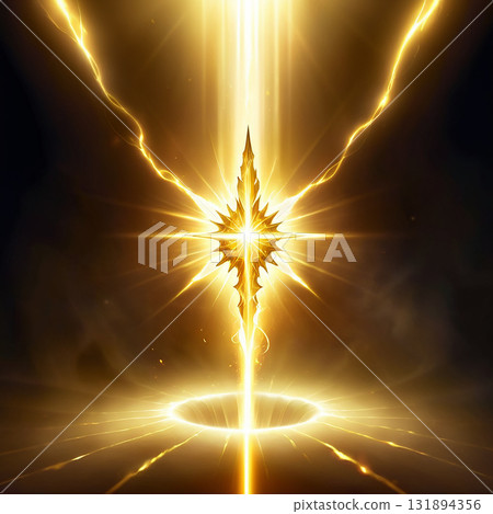 Golden celestial starburst emanating powerful light and energy with lightning streaks against a dark, smoky background 131894356
