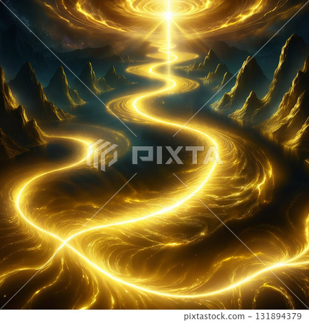 Radiant golden river flows through mystical mountains towards a bright celestial light in a surreal cosmic landscape Radiant golden river flows through mystical mountains towards a bright celestial light in a surreal cosmic landscape 131894379