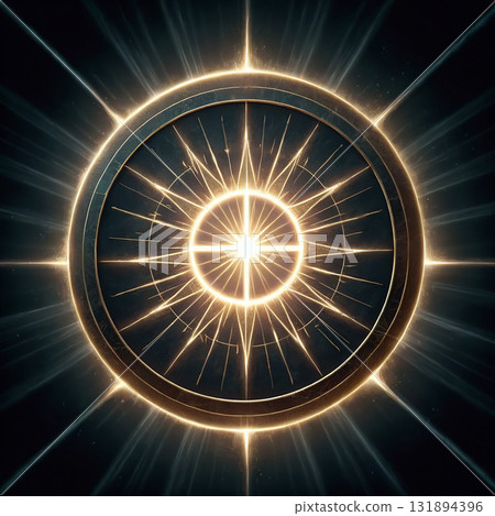 Radiant golden sunburst emanating from a circular compass-like design against a dark, cosmic background with light rays 131894396