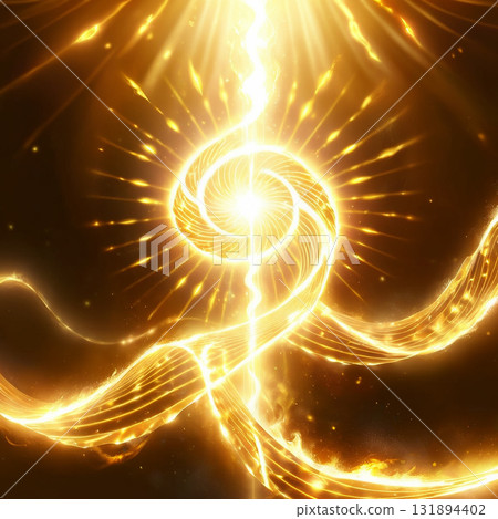 Radiant Golden Spiral Energy Flowing with Light Rays and Particles in a Cosmic Abstract Design 131894402