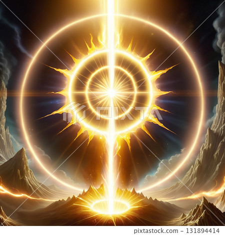 Radiant cosmic energy beam erupts from fiery sun-like orb within a glowing circular portal above mountainous terrain Radiant cosmic energy beam erupts from fiery sun-like orb within a glowing circular portal above mountainous terrain 131894414