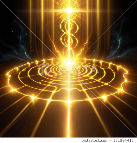 Brilliant golden energy vortex erupts from a circular platform with radiating light beams against a dark cosmic background 131894415