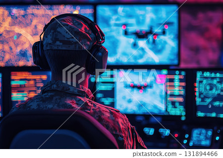 Soldier Command operating at control panel in monitoring war room on war base. Generative AI 131894466