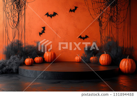Halloween minimal scene 3d with smoke and podium platform. Halloween background 3d stand to show products. Stage 131894488