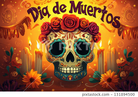 Day of the Dead Background, Halloween Dia De Los Muertos, Mexican Sugar Skulls. Generative Ai 131894500