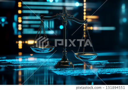 Balanced Scale Symbolizing Justice and Legal System in Futuristic Digital Space with Abstract Graphics and Technology Indications; Calculator or Smartphone Representing the Interface between Justice a 131894551