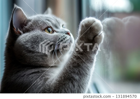 A British Shorthair cat touches a clear window with its paw, sitting on a windowsill with a light background. 131894570