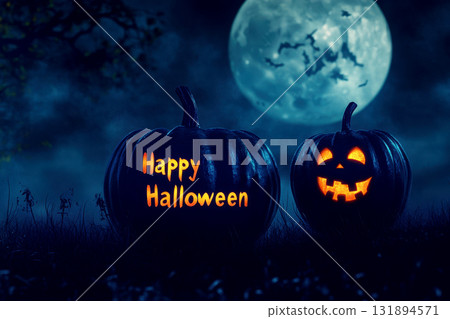 halloween scene horror background with pumpkin and happy halloween text . 131894571