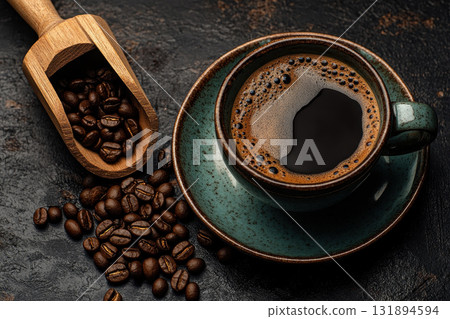 A cup of coffee and beans on the table with rustic background and wooden spoon for spilling coffee bean. 131894594