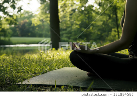 a woman practicing yoga on a mat in a tranquil park at dawn. promoting a healthy and balanced lifestyle. 131894595