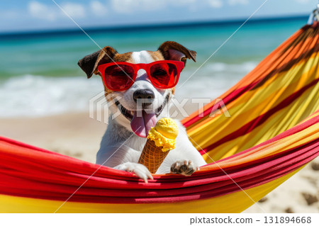a happy Jack Russell Terrier hold ice cream is lounging hammock wearing sunglasses on a sandy beach. summer and vacation concepts 131894668