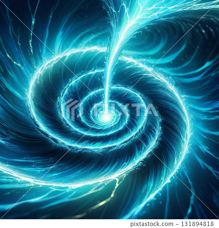 Abstract swirling vortex of glowing blue energy with bright light at its center, symbolizing power and cosmic forces. 131894818