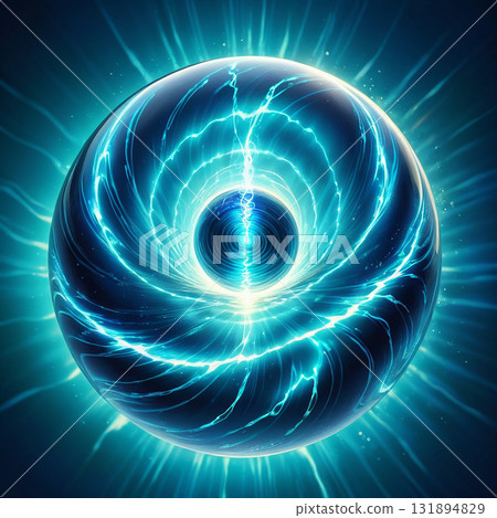 Abstract glowing blue sphere with swirling energy and lightning effects against a dark background 131894829