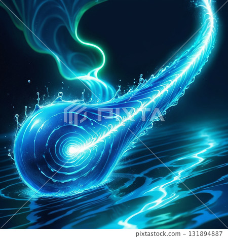 Energetic blue fluid wave with glowing light trail forming a dynamic vortex on dark water 131894887