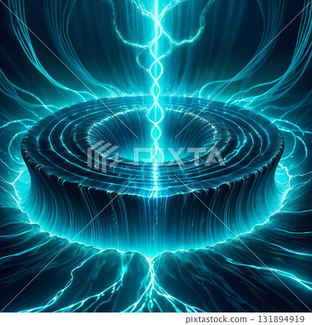 Futuristic energy vortex with glowing blue light and swirling currents creating a powerful abstract science fiction concept 131894919