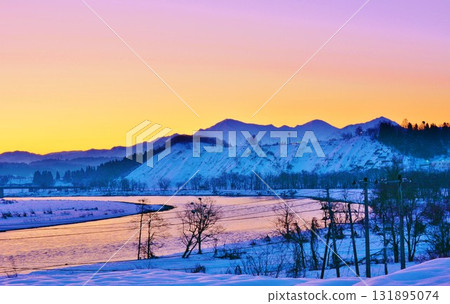 Shinano River and Echigo Miyama winter scenery of sunrise Shinano River and Echigo Miyama winter scenery of sunrise 131895074