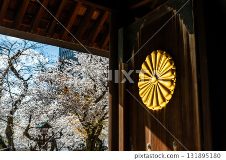 東京靖國神社:神社大門上的菊花紋章和櫻花 東京靖國神社:神社大門上的菊花紋章和櫻花 131895180