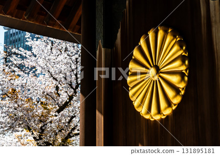 東京靖國神社：神社大門上的菊花紋章和櫻花 131895181