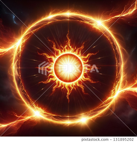 Fiery solar eclipse with glowing corona and cosmic energy streams in deep space, symbolizing power and celestial events. 131895202