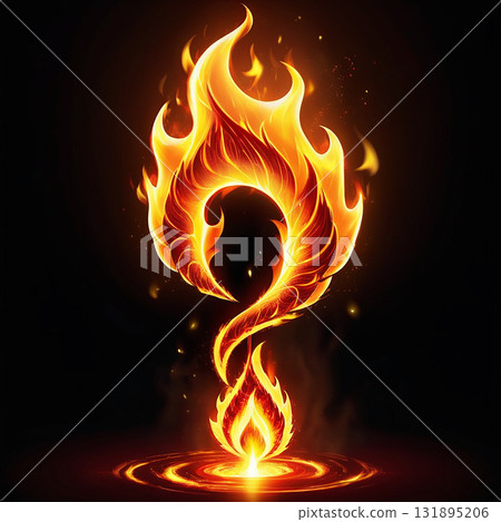 Fiery phoenix rising from flames against a dark background symbolizes rebirth, power, and transformation with glowing embers and smoke. 131895206