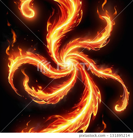 Fiery vortex of glowing orange and yellow flames swirls in a dynamic, energetic motion against a dark background. 131895214
