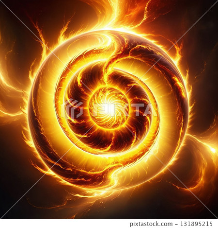 Fiery cosmic vortex with swirling golden energy and glowing plasma, representing power and transformation 131895215
