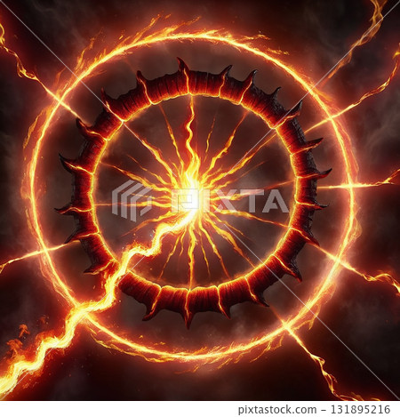 Fiery portal with glowing energy bursts and a spiked rim, radiating intense power and heat with swirling cosmic clouds 131895216