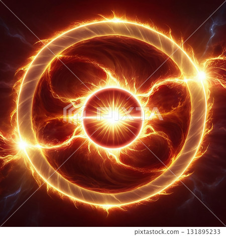Vibrant cosmic vortex with fiery plasma ring and radiant celestial body at its core, evoking energy and mystery. 131895233