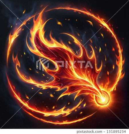 Fiery abstract phoenix wing in a swirling vortex of flames against a dark cosmic background 131895234