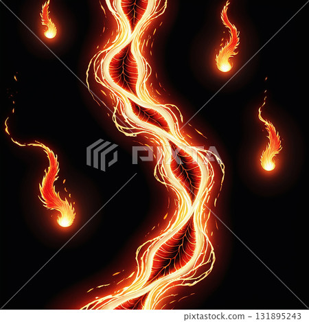 Fiery energy stream with swirling flames and glowing embers against a dark background 131895243