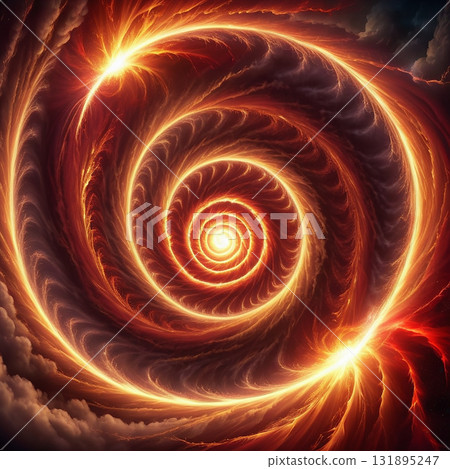Fiery cosmic vortex with bright swirling energy and dark clouds, symbolizing power, creation, and celestial phenomena. 131895247
