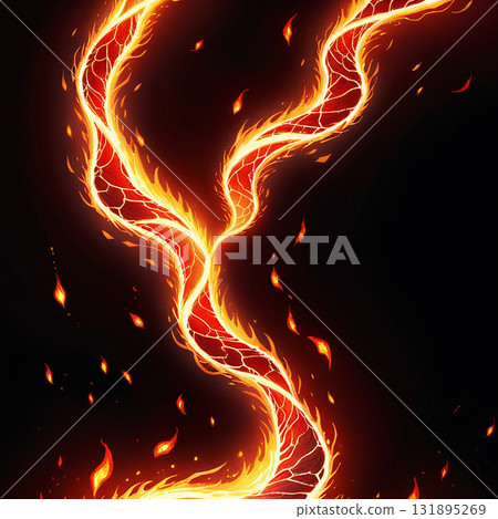 Fiery serpentine energy flow against a dark background with glowing embers and swirling flames creating an abstract, dynamic, and powerful visual. 131895269