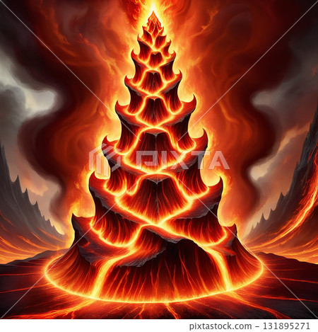 Majestic molten lava mountain erupting with fiery energy against a dramatic, smoky sky. 131895271