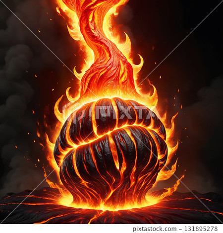 Fiery volcanic eruption with molten rock and intense flames creating a powerful, dramatic natural display against a dark, smoky background 131895278
