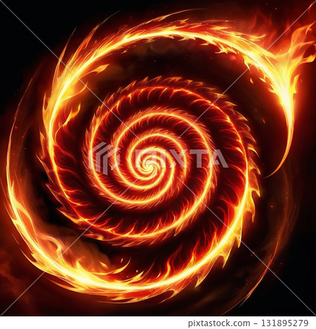 Vibrant fiery spiral vortex with glowing embers and dark smoky background, representing energy and power Vibrant fiery spiral vortex with glowing embers and dark smoky background, representing energy and power 131895279