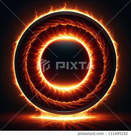 Fiery portal with swirling plasma and glowing energy, creating an abstract cosmic vortex of intense heat and light 131895282