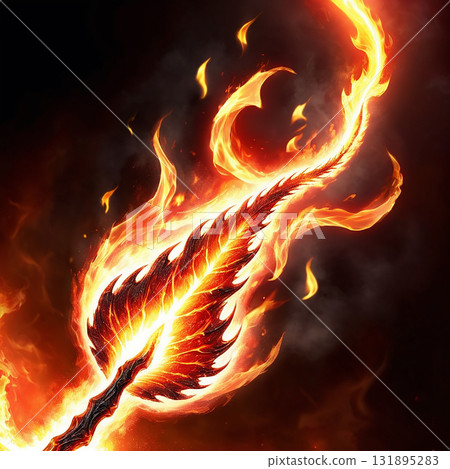 A vibrant phoenix feather engulfed in intense, glowing flames against a dark, smoky background, symbolizing rebirth and power. 131895283